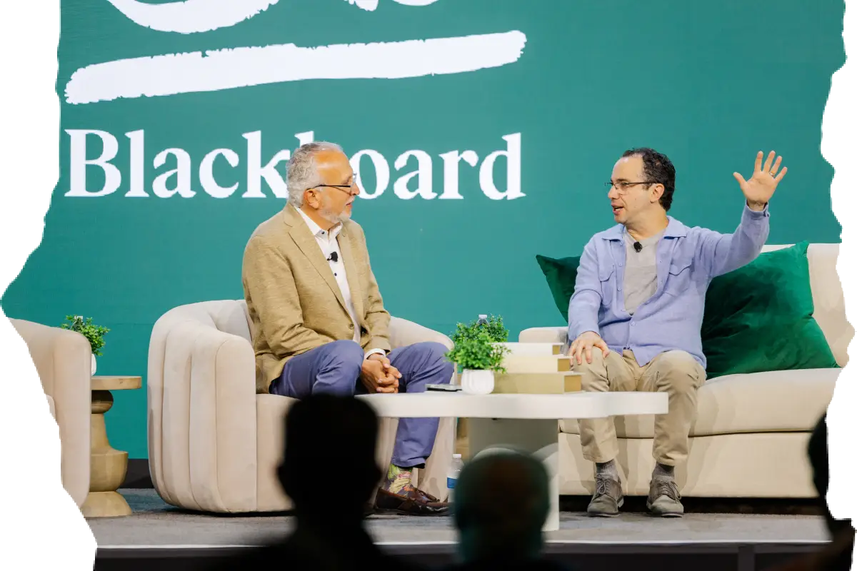 Photo of Lev Gonick and Matthew Pittinsky on stage for a fireside conversation at BbT26