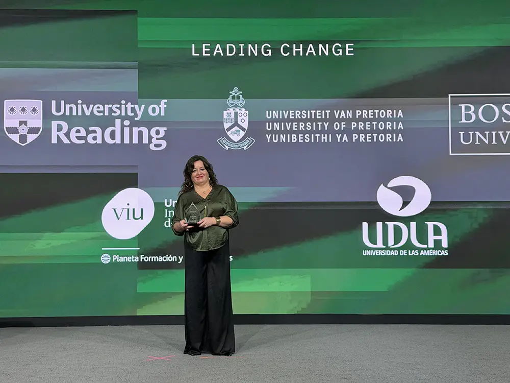 Michelle Bass del Campo accepting at Catalyst Award at Building Blackboard Together